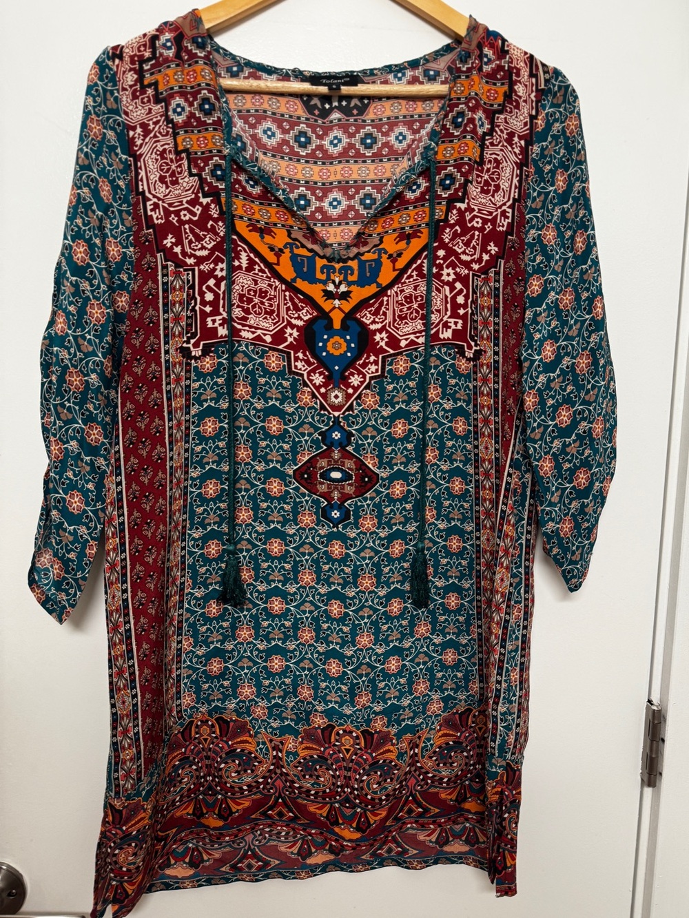 Tolani 100% Silk Bohemian Mini Dress with Tassel Tie - EUC